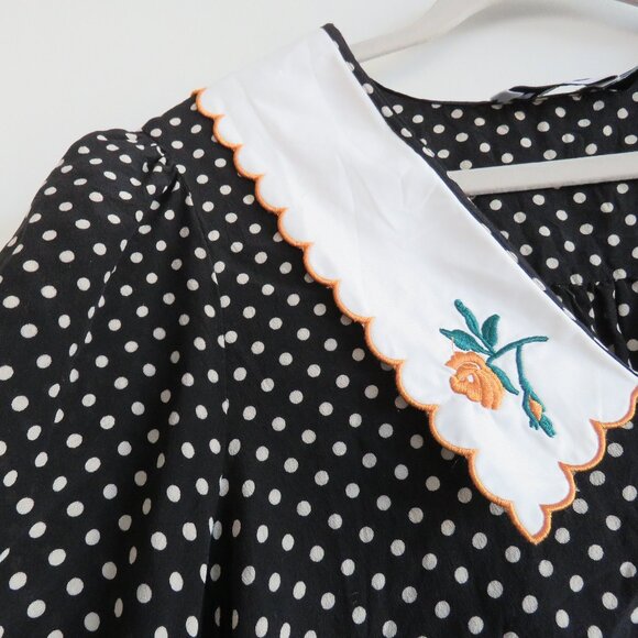 RIXO Lila 100% Silk Polka Dot Floral Embroidered Bib Collar Blouse Cottage Sz S - Picture 8 of 16